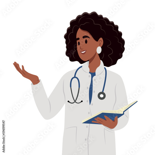 Happy female black doctor is talking explaining something, gesturing with hand. A family doctor in a medical gown.