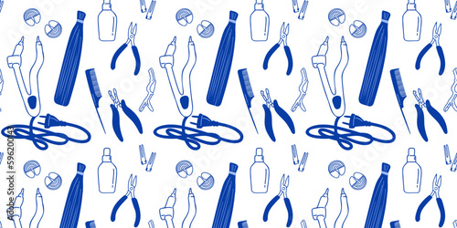 Seamless patten with a set of tools for hair extensions. Hairdressing tools for the procedure. Doodle vector illustration
