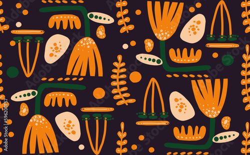Trendy vector seamless repeating pattern with hand drawn orange flowers, dots and different shapes. Background for cover, wallpaper, fabric, clothes, wrapper, case, textile, cards
