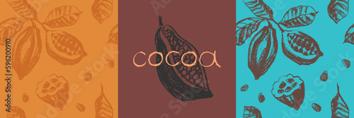 Vector floral seamless pattern with cocoa bean hand-drawn illustrations. Cacao beans wallpaper for chocolate packaging design, cocoa powder label, organic cacao butter backdrop. Cocoa plant ornament.