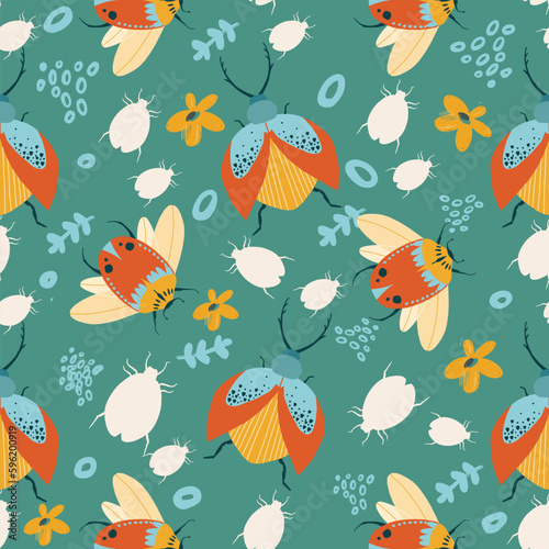 Vector seamless pattern with hand drawn bugs or beetles on green background. Texture for fabric, wallpaper, textile, apparel. Cute insects.