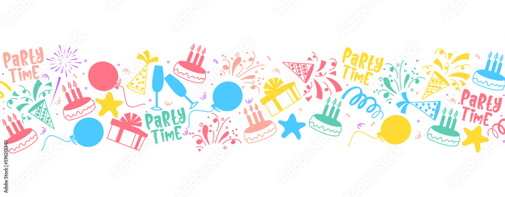 Birthday vector banner design. Party time text with birthday event and celebration elements. Vector illustration party decoration background.
