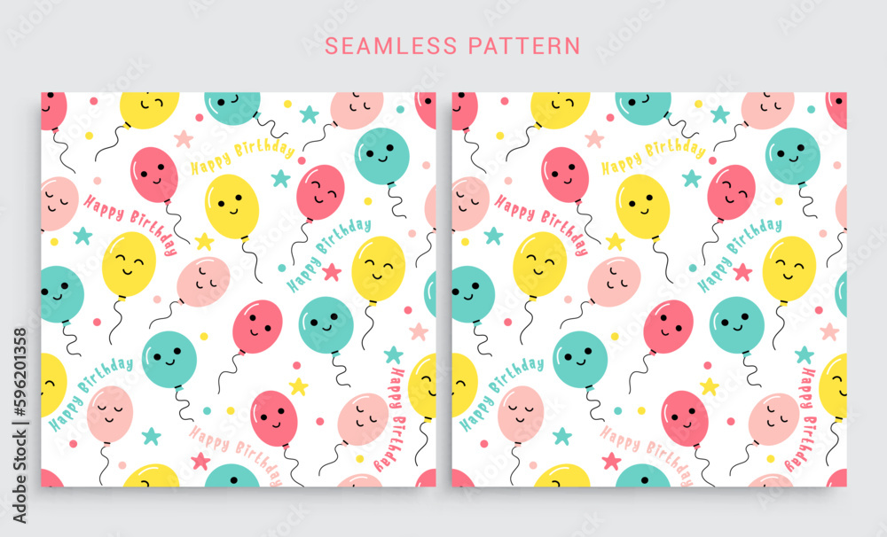 Birthday pattern seamless set design. Happy birthday text with colorful balloon emoji background. Vector illustration seamless collection. Birthday pattern seamless set design. Happy birthday text with colorful balloon emoji background. Vector illustration seamless collection.