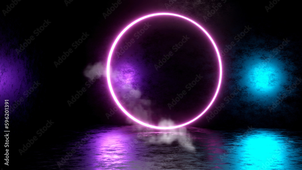 Modern futuristic 3d rendering of neon circle stage glow lightning background. Template for product presentation concept. Mock up 3D rendering.