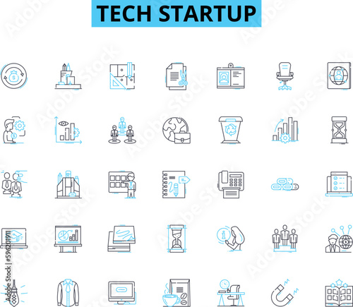 Tech startup linear icons set. nnovation, Disruption, Automation, Advancement, Connectivity, Breakthrough, Cybersecurity line vector and concept signs. Digitalization, Analytics, Cloud outline