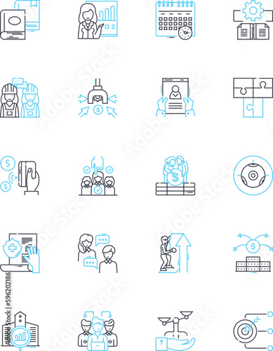 Talent Scouting linear icons set. Identification, Assessment, Evaluation, Recognition, Search, Discovery, Recruiting line vector and concept signs. Screening,Selection,Analysis outline illustrations