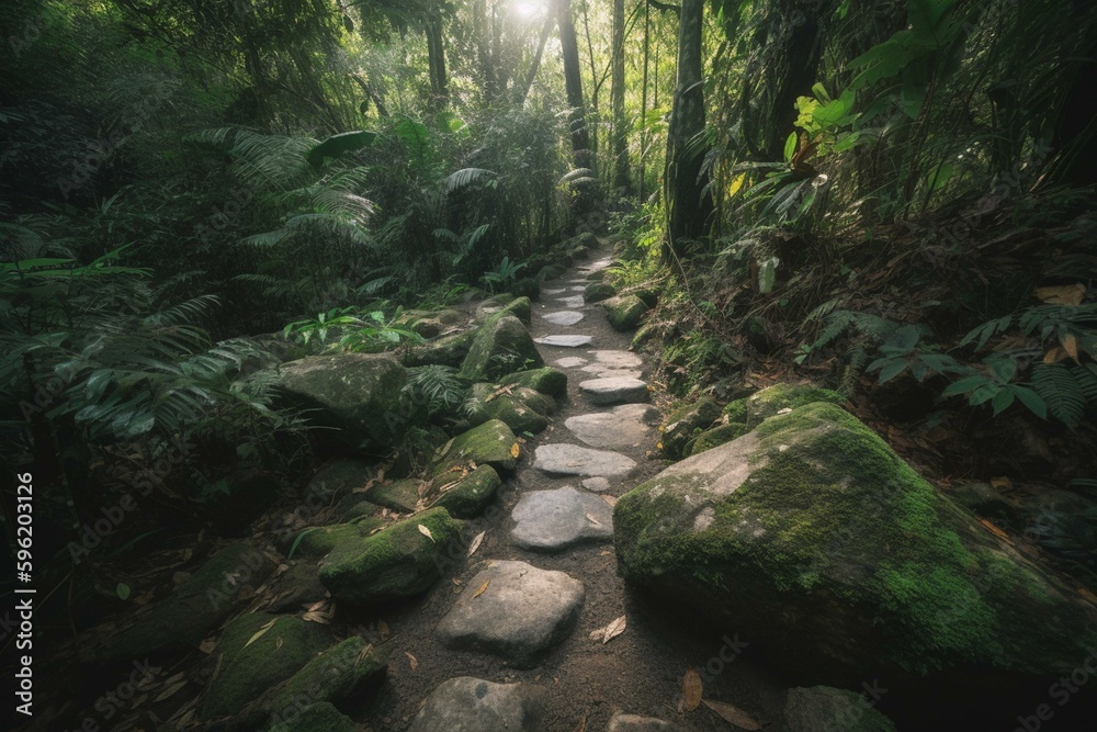 A trail made of stones winding through a lush jungle landscape in the rainforest. Generative AI
