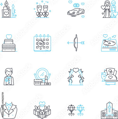 Ceremony linear icons set. Ritual, Celebration, Tradition, Commemoration, Honoring, Observance, Service line vector and concept signs. Dedication,Benediction,Graduation outline illustrations