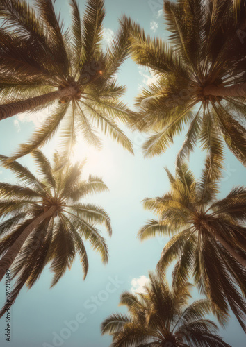 Low-angle view of tropical palm trees looking up at the sky  generative ai