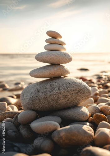 Close-up of balanced rocks on a beach by the sea  generative ai