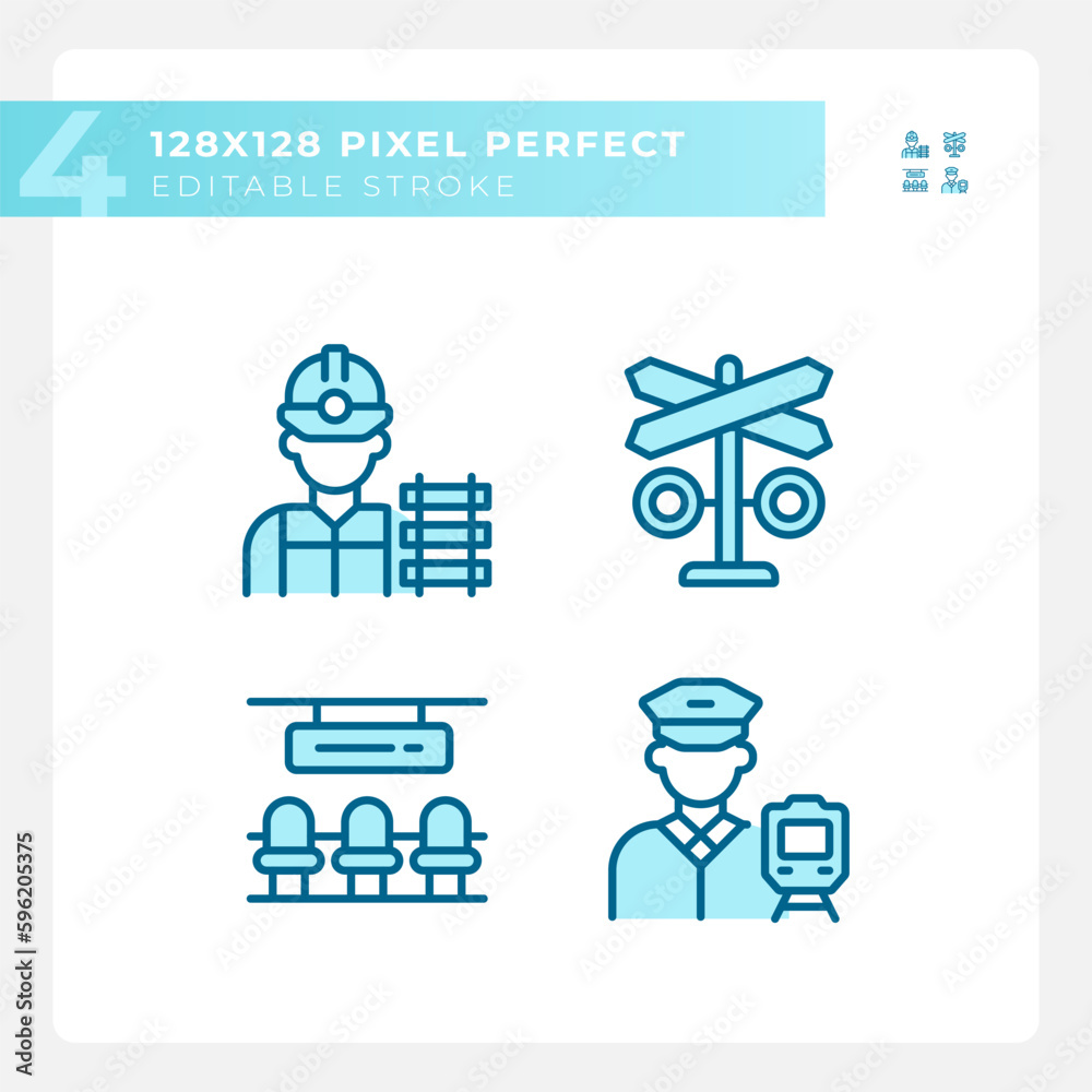 Railroad infrastructure pixel perfect blue RGB color icons set. Public ...