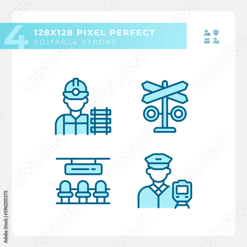 Railroad infrastructure pixel perfect blue RGB color icons set. Public transportation. Railway employment. Isolated vector illustrations. Simple filled line drawings collection. Editable stroke