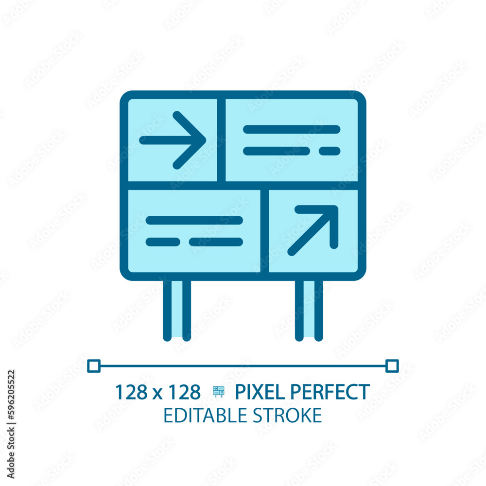 Directional sign pixel perfect blue RGB color icon. Train station. Navigation system. Railway platform. Way finding. Isolated vector illustration. Simple filled line drawing. Editable stroke Directional sign pixel perfect blue RGB color icon. Train station. Navigation system. Railway platform. Way finding. Isolated vector illustration. Simple filled line drawing. Editable stroke