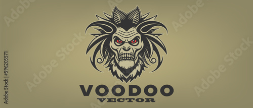 Vector scary terrible shaggy voodoo sorcerer head with red eyes. Logo, sticker or emblem.