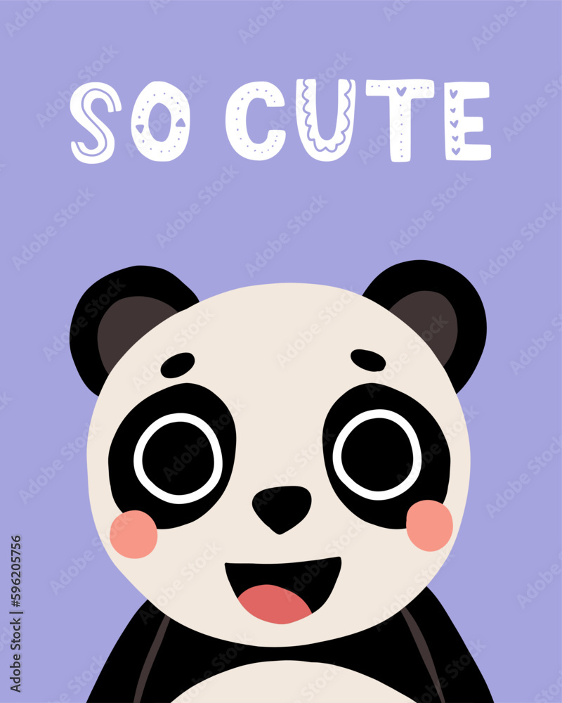 Animal panda kid card. Cute child greeting and invitation cards for birthday, baby party posters, motivational lettering. Childish print nursery decor. Bright background. Vector doodle characters Animal panda kid card. Cute child greeting and invitation cards for birthday, baby party posters, motivational lettering. Childish print nursery decor. Bright background. Vector doodle characters