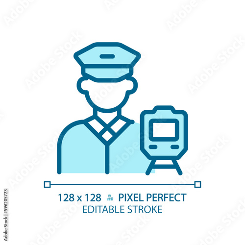 Train driver pixel perfect blue RGB color icon. Railroad occupation. Rail crew. Locomotive operator. Public transport. Isolated vector illustration. Simple filled line drawing. Editable stroke