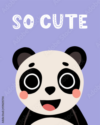 Animal panda kid card. Cute child greeting and invitation cards for birthday, baby party posters, motivational lettering. Childish print nursery decor. Bright background. Vector doodle characters
