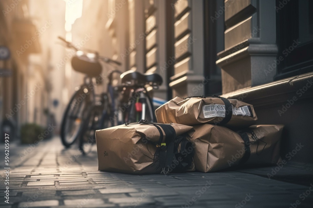 Packages on bike waiting in street. Generative AI