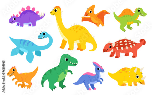 Collection of cute dinosaurs. Hand drawn cartoon brontosaurus, tyrannosaurus, pterodactyl, triceratops, stegosaurus, spinosaurus, plesiosaurus, ankylosaurus, velociraptor, parasaurolophus