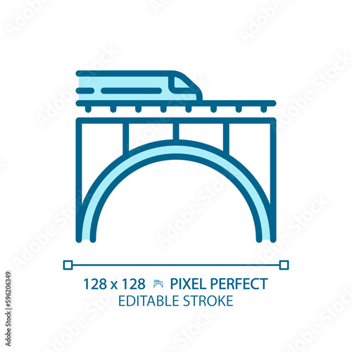 Railway bridge pixel perfect blue RGB color icon. Express train. Rail track. Urban infrastructure. Fast transport. Isolated vector illustration. Simple filled line drawing. Editable stroke