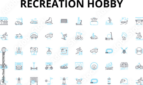 Recreation hobby linear icons set. Swimming, Cycling, Running, Yoga, Painting, Hiking, Skiing vector symbols and line concept signs. Gardening,Photography,Reading illustration