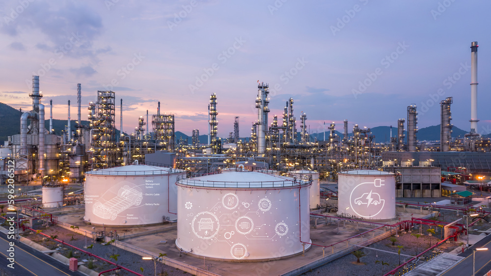 Aerial view white oil storage tank and oil refinery factory plant form ...