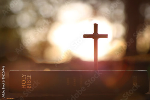 Canvas Print Intense light through the trees in the forest at sunset, the holy cross symboliz