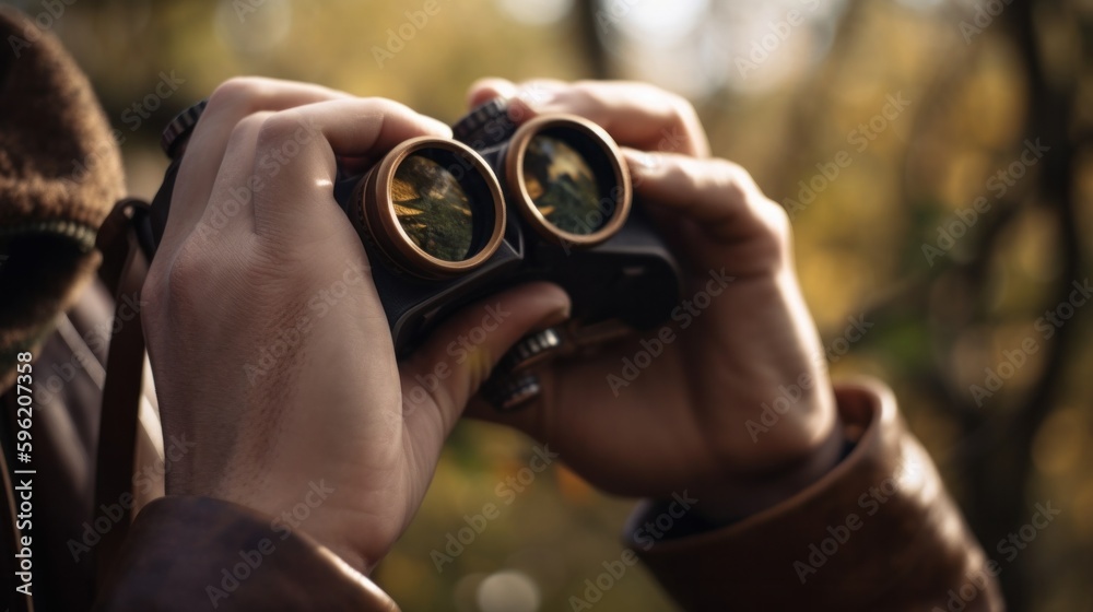 Close up hand holding binoculars in the forest. Generative AI. Close up hand holding binoculars in the forest. Generative AI.