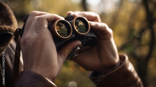 Close up hand holding binoculars in the forest. Generative AI.