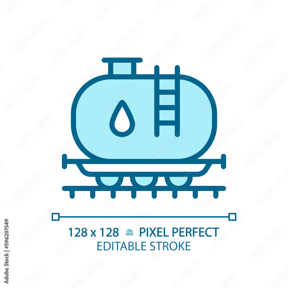 Tank car pixel perfect blue RGB color icon. Gasoline transportation ...
