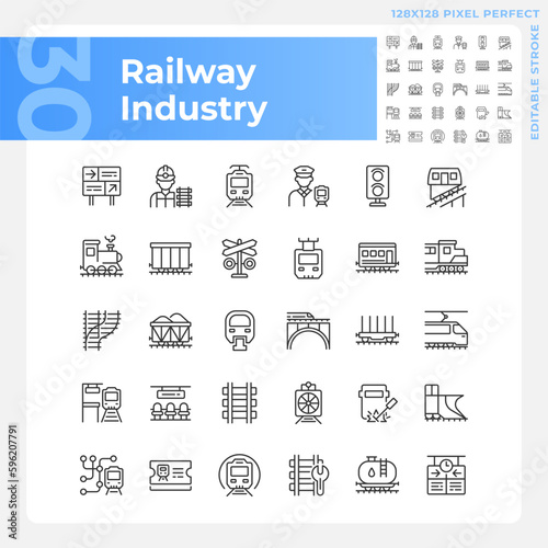 Railway industry pixel perfect linear icons set. Railroad company. Rail transport. Train station. Customizable thin line symbols. Isolated vector outline illustrations. Editable stroke