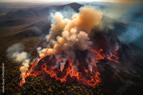 Aerial view of a massive forest fire. Drone top view of wildfire with smoke and burning trees from the height of a bird flight. Ecological catastrophe. 6K high resolution image. Generative AI