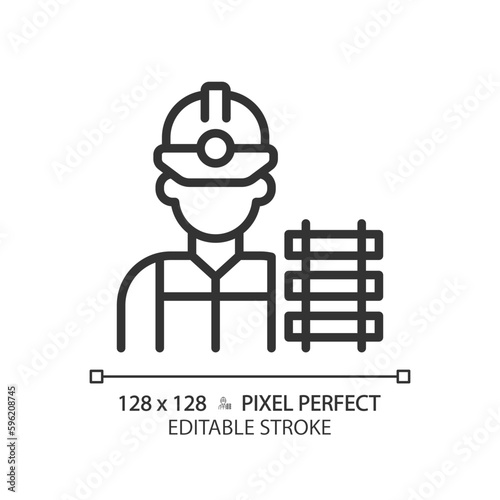 Railway worker pixel perfect linear icon. Railroad labor. Train track. Rail maintenance. Civil engineering. Thin line illustration. Contour symbol. Vector outline drawing. Editable stroke