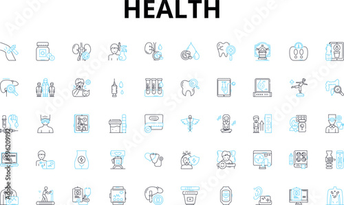 Health linear icons set. Fitness, Nutrition, Wellness, Hygiene, Sleep, Exercise, Mental health vector symbols and line concept signs. Medication,Diet,Vitamins illustration