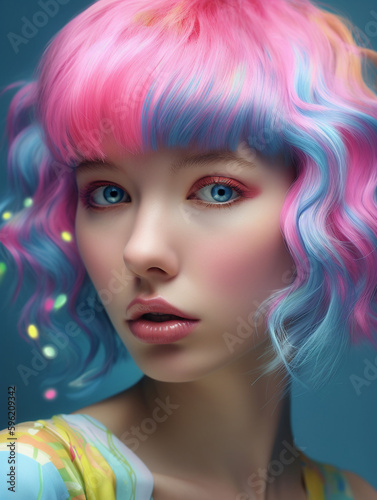 Hübsche Frau mit Pink farbiger Frisur, modernem Haarschnitt und schönem Make-Up, Nahaufnahme ai generativ