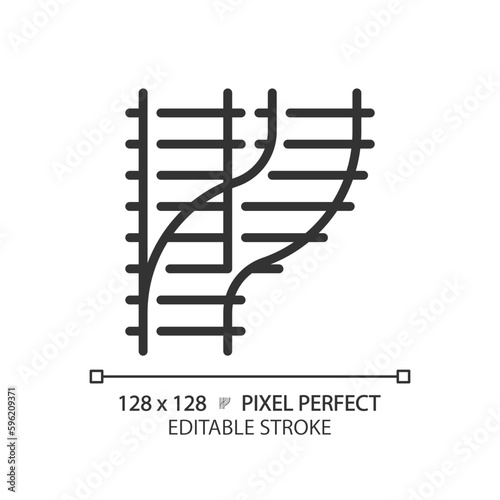 Railroad switch pixel perfect linear icon. Rail turnout. Railway junction. Train crossroad. Traffic control. Thin line illustration. Contour symbol. Vector outline drawing. Editable stroke