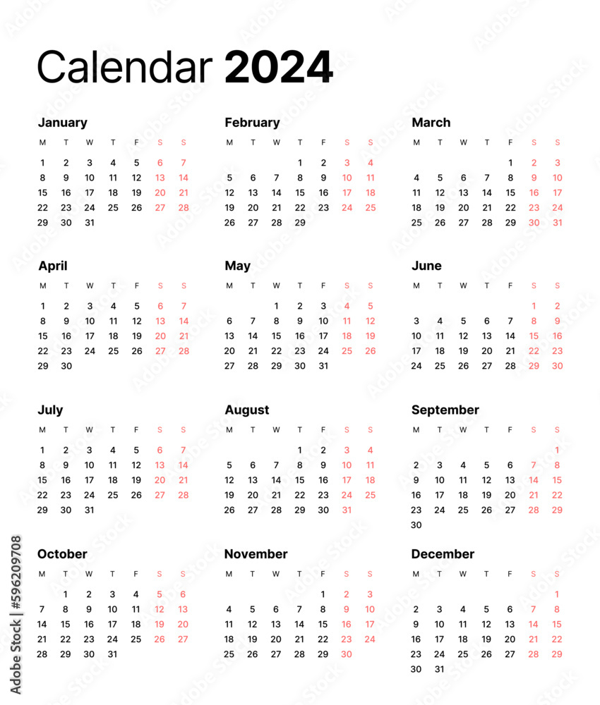 Annual calendar template for 2024 year. Week Starts on Monday. Business calendar in a minimalist style for 2024 year. Annual calendar template for 2024 year. Week Starts on Monday. Business calendar in a minimalist style for 2024 year.