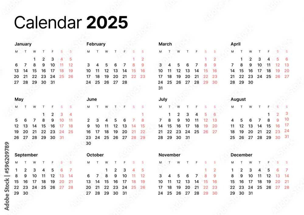 Annual calendar template for 2025 year. Week Starts on Monday. Business calendar in a minimalist style for 2025 year. Annual calendar template for 2025 year. Week Starts on Monday. Business calendar in a minimalist style for 2025 year.