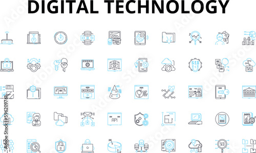 Digital technology linear icons set. Internet, Social Media, Cloud, Big Data, Analytics, Automation, Robotics vector symbols and line concept signs. Artificial Intelligence,Virtual Reality,Augmented