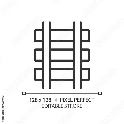 Rails pixel perfect linear icon. Railroad track. Railway infrastructure. Train route. Civil engineering. Thin line illustration. Contour symbol. Vector outline drawing. Editable stroke
