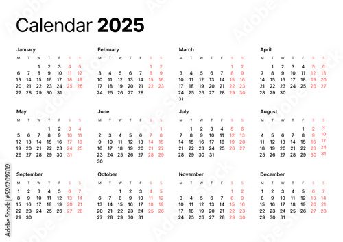 Annual calendar template for 2025 year. Week Starts on Monday. Business calendar in a minimalist style for 2025 year.