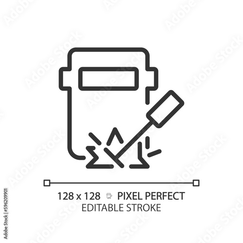 Welding pixel perfect linear icon. Railway track maintenance. Railcar repair. Manufacturing engineering. Thin line illustration. Contour symbol. Vector outline drawing. Editable stroke