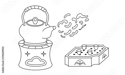 Outlin stroke tea kettle on the stove to boil tea on pink background. Make hot tea concept Beverage making. Chinese Pottery Tea Set With Warmer.thin line vector ,illustration