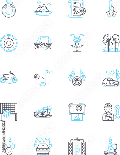 Thrill-seeking trip linear icons set. Adventure, Excitement, Adrenaline, Rush, Thrill, Danger, Fear line vector and concept signs. Courage,Exploration,Challenge outline illustrations