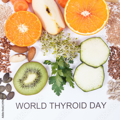 Fototapeta Naklejka Na Ścianę i Meble -  Nutritious ingredients and inscription World Thyroid Day. Healthy food containing vitamins. Problems with thyroid concept