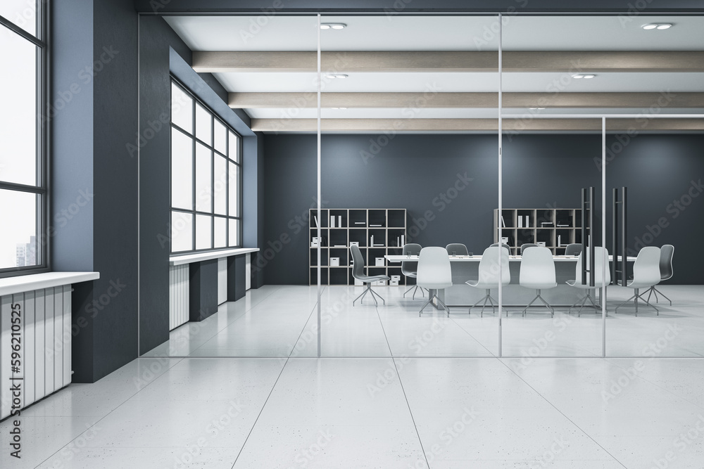 Image showcasing Luxury glass meeting room interior with furniture, concrete flooring ...