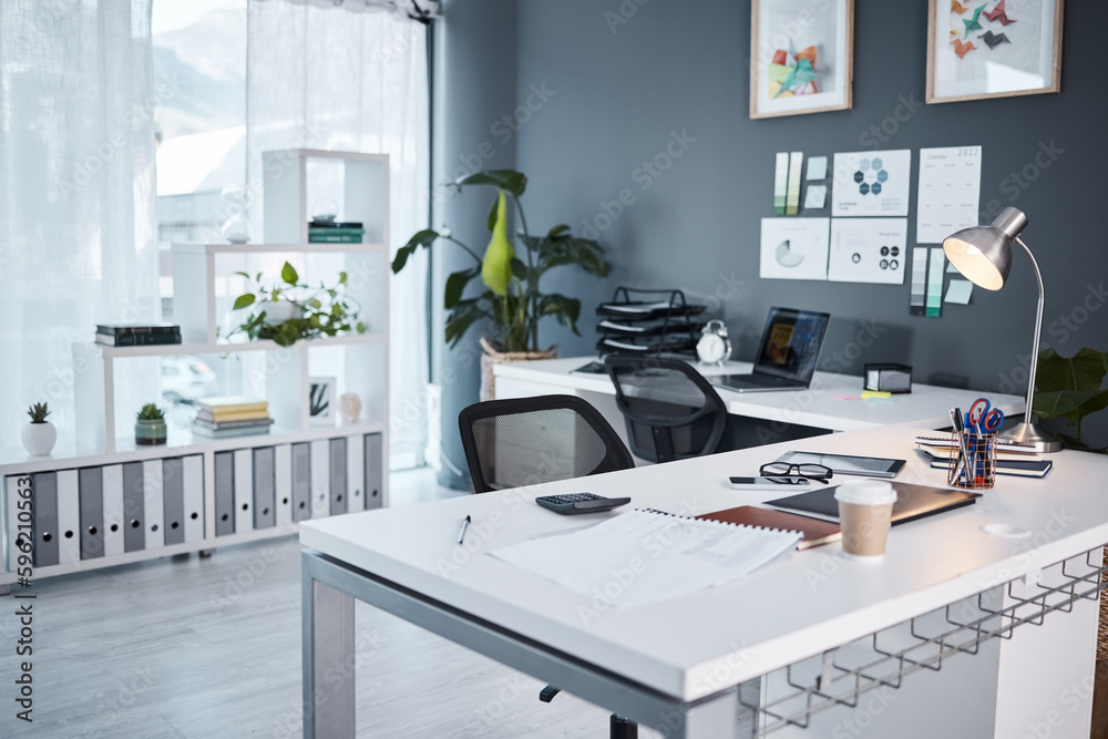 Empty office, interior and workspace with furniture, table and professional layout in startup agency. Background of modern workplace, business building and room in company, job venue or minimal setup Empty office, interior and workspace with furniture, table and professional layout in startup agency. Background of modern workplace, business building and room in company, job venue or minimal setup