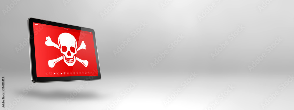 Digital tablet PC with a pirate symbol on screen. Hacking and virus concept Digital tablet PC with a pirate symbol on screen. Hacking and virus concept