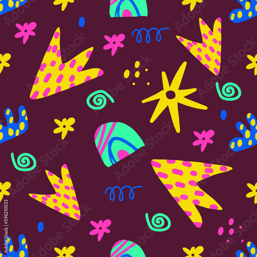 Trendy vector pattern with dots, shapes, lines, scribbles and objects. Doodles and different shapes. Background for print, cover, wallpaper, fabric, clothes, wrapper
