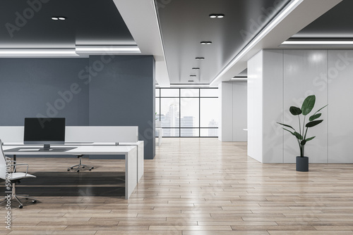 Luxury loft concrete and wooden office interior with equipment  furniture and window with city view. Law and legal  workplace concept. 3D Rendering.